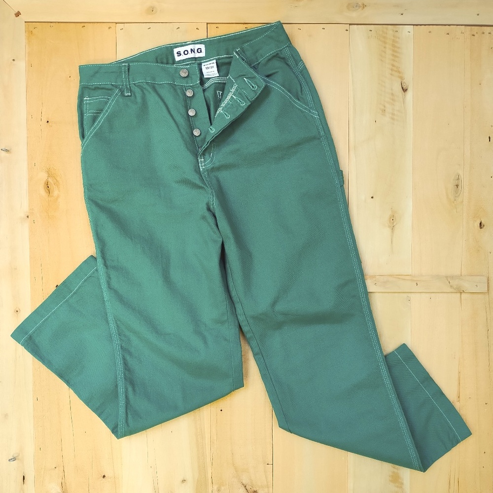 S.O.N.G. Green Cotton Cargo Pants High Waist  Wide Leg  Size 13/31